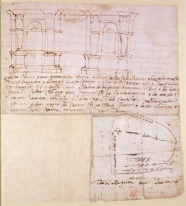 W.23r带笔记的建筑草图（笔和墨水） 作者 米开朗基罗（Michelangelo Buonarroti）